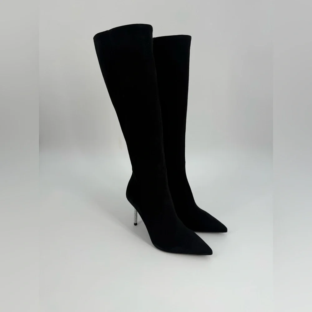 Diane B. Sophisticated Black Suede Knee-High Stiletto Boots with Rhinestone Heel - Picture 9 of 16